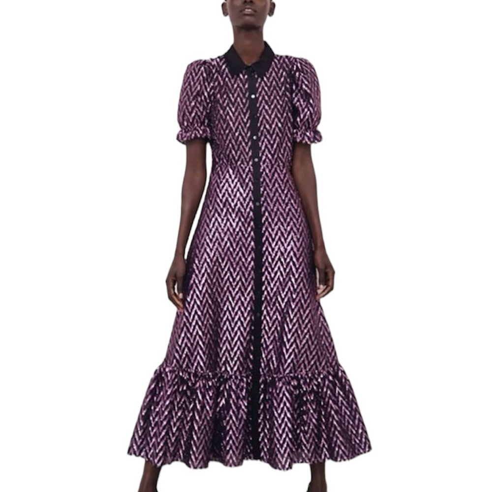 Zara- Purple & Black Metallic Chevron Shortsleeve Button Down Ruffle Long Dress
